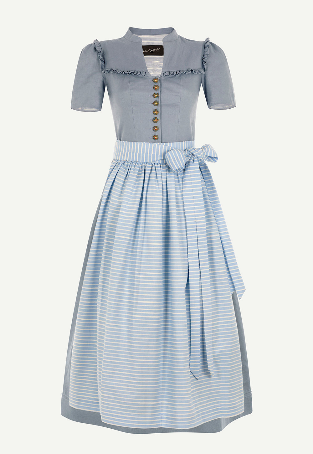 Antonia Zander Alexa Dirndl in Linen Blue crafted from linen with a light blue striped apron, ruffle details and decorative buttons.