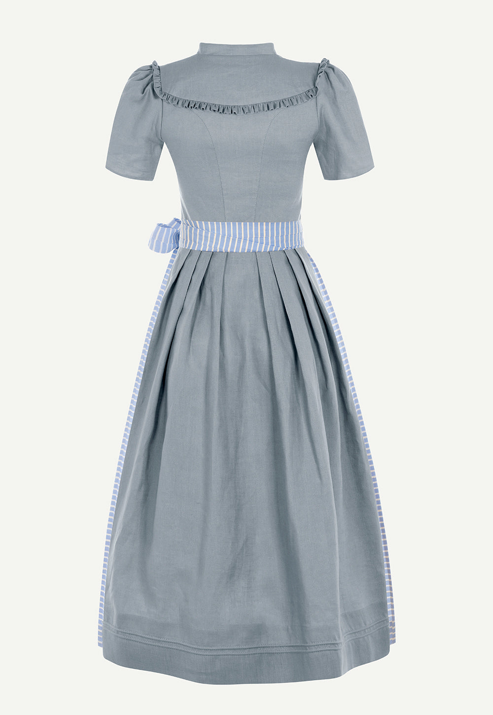 Back view of the Antonia Zander Alexa Dirndl in Linen Blue with a fitted silhouette, ruffle details and a light blue striped apron.