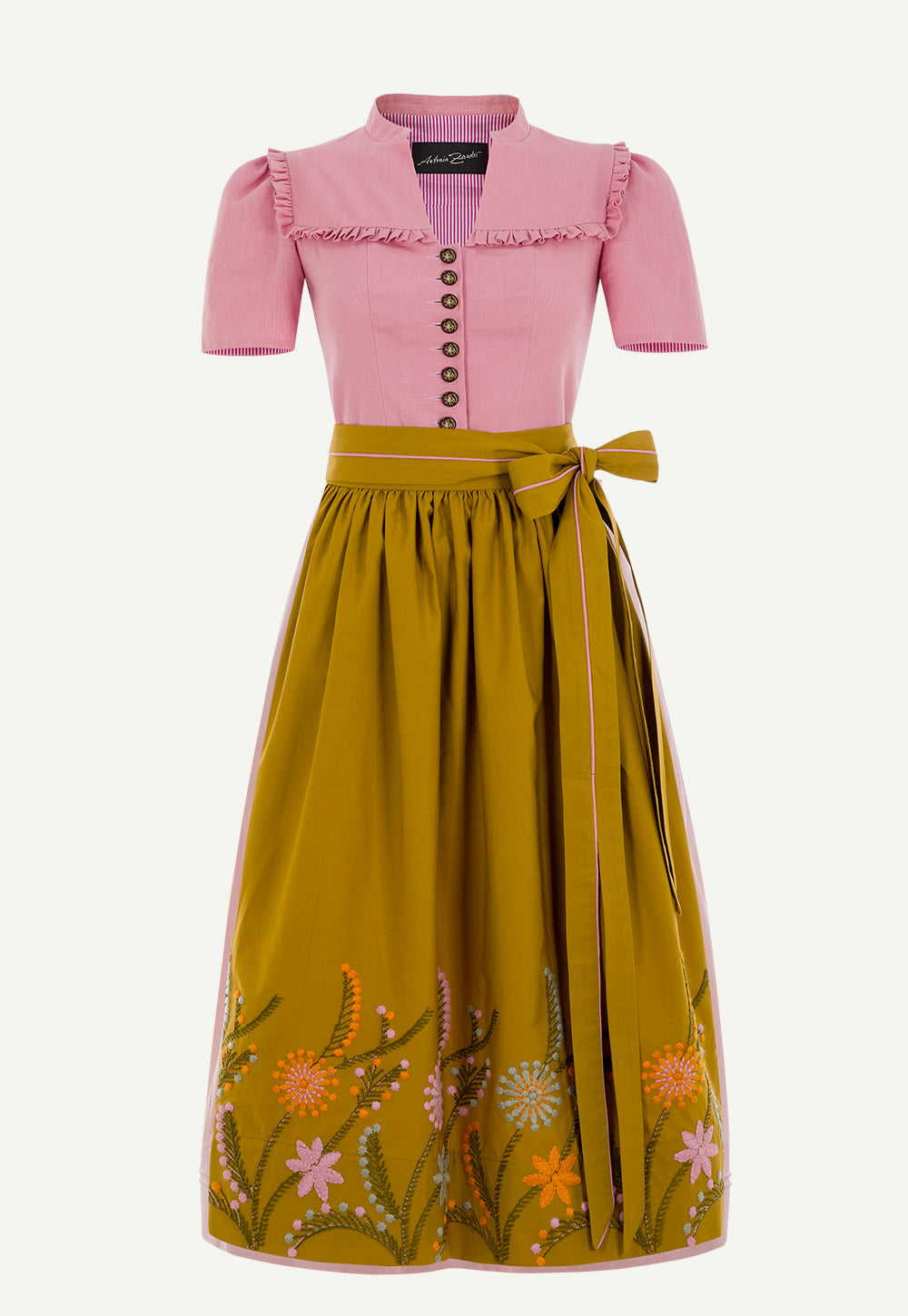 Alexa Dirndl Linen Rose with a pure linen bodice, cotton skirt, embroidered apron, puff sleeves and hand-painted AZ metal buttons.