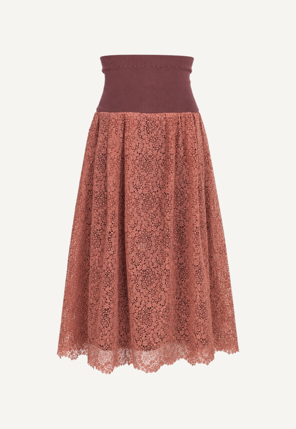 Antonia Zander Fabienne Skirt in Dusty Pink crafted from delicate floral lace with a wide rib-knit waistband made from RWS-certified virgin wool.