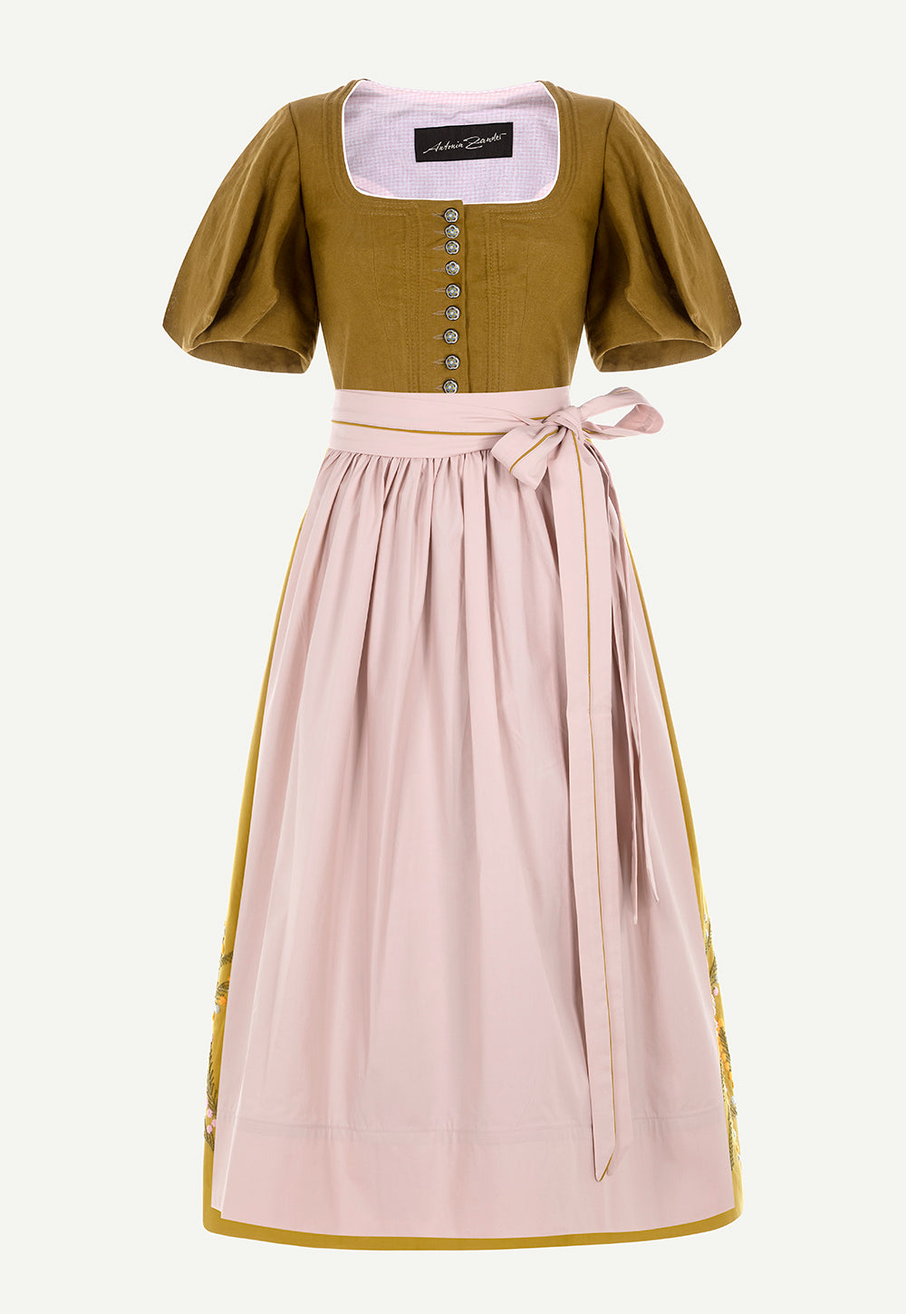 Andrea Dirndl in Copper with puff sleeves and hand-painted metal buttons.