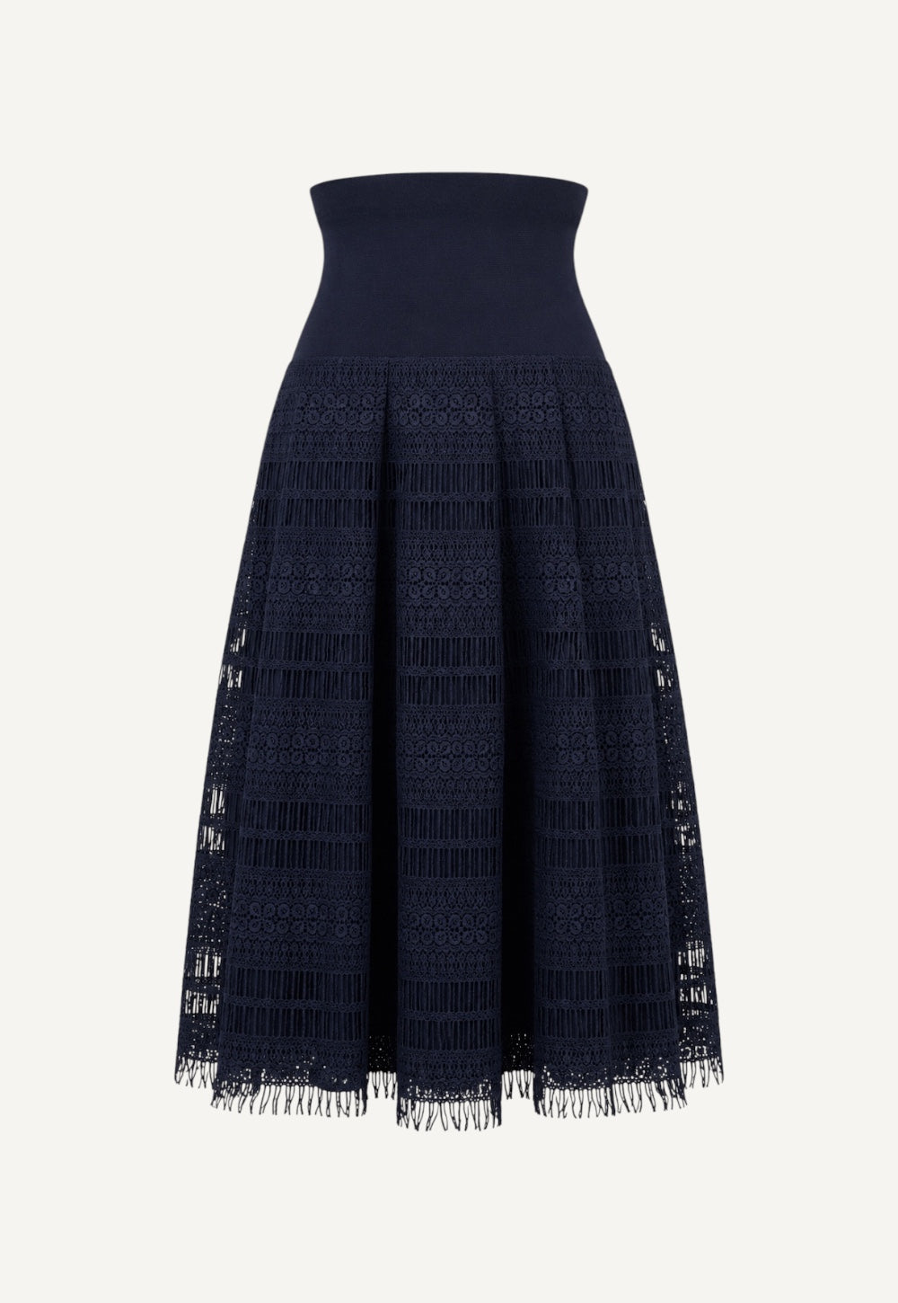 Antonia Zander Felina Skirt in Navy crafted from delicate lace with a wide rib-knit waistband made from RWS-certified virgin wool.
