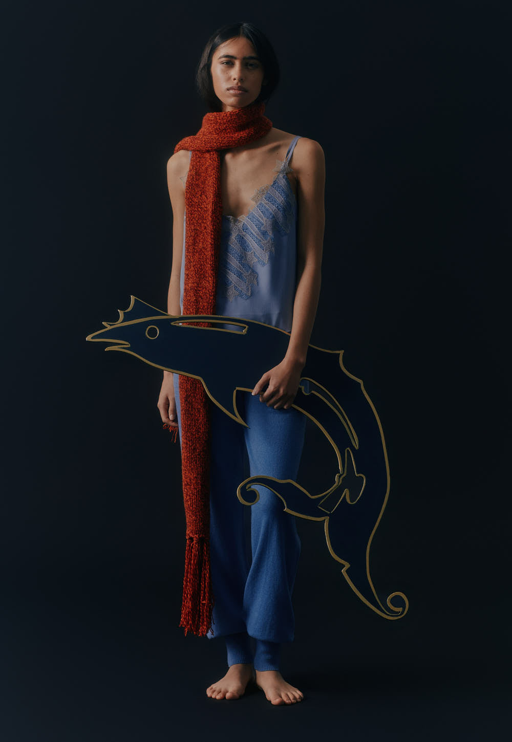 Model wearing the Antonia Zander Indra Top in Blue styled with  cashmere trousers and the Antonia Zander scarf.