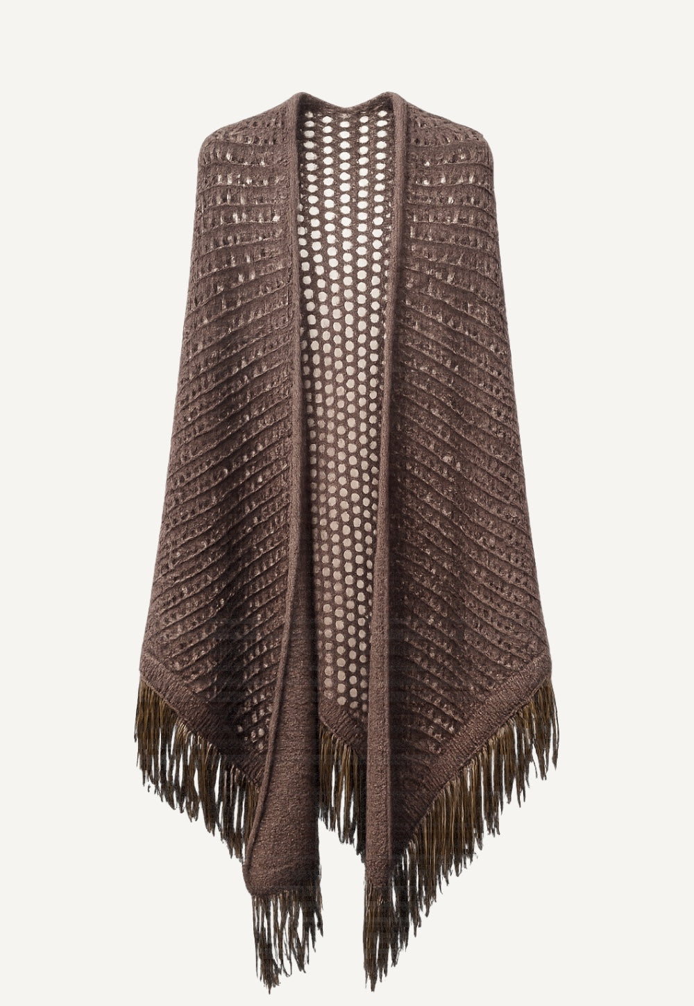 Knit stola in cognac made from baby alpaca blend with openwork pattern and long goat leather fringes
