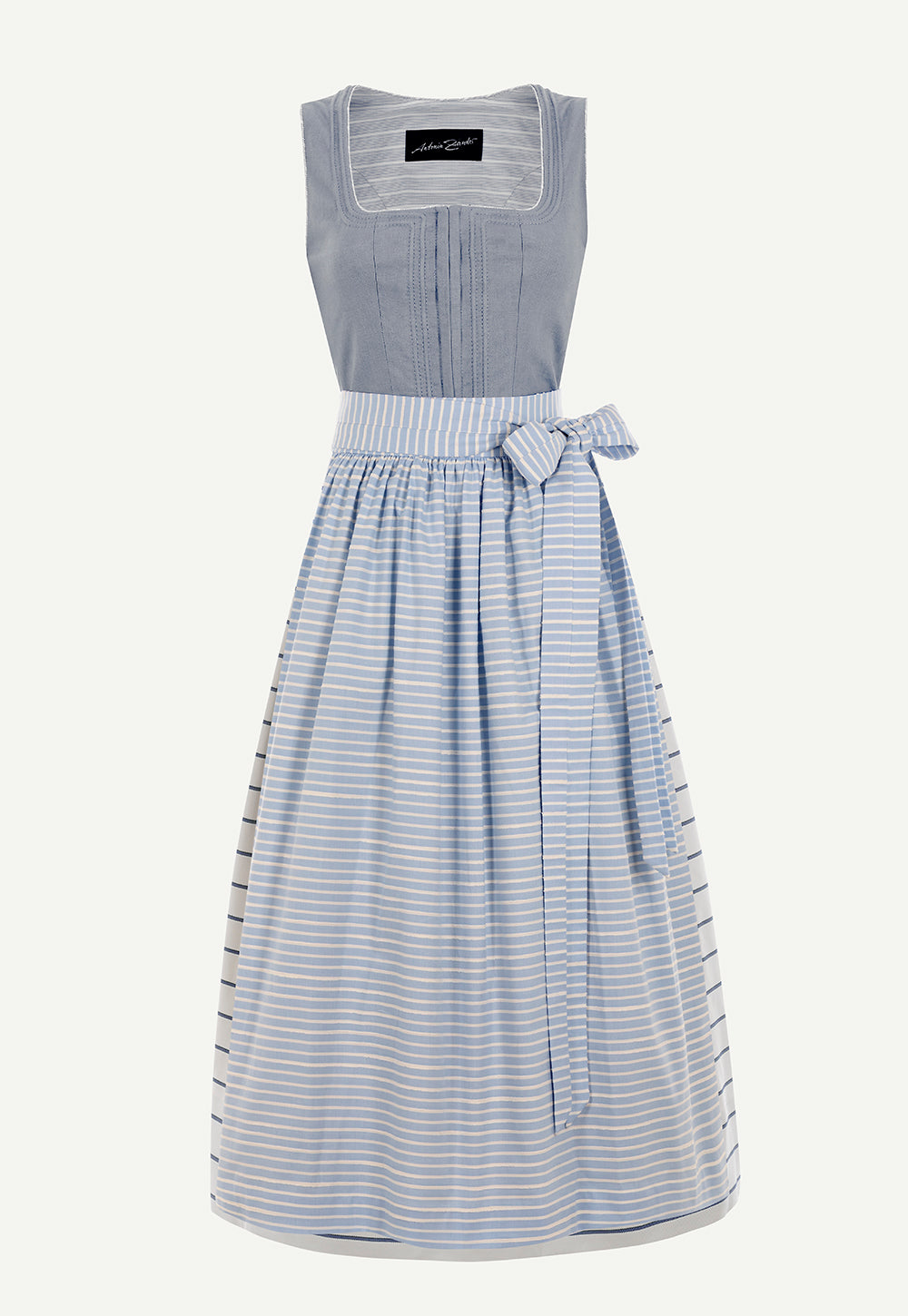 Antonia Zander Toni Dirndl in Linen Blue Stripes with a striped light blue apron, square neckline and decorative pintuck detailing.