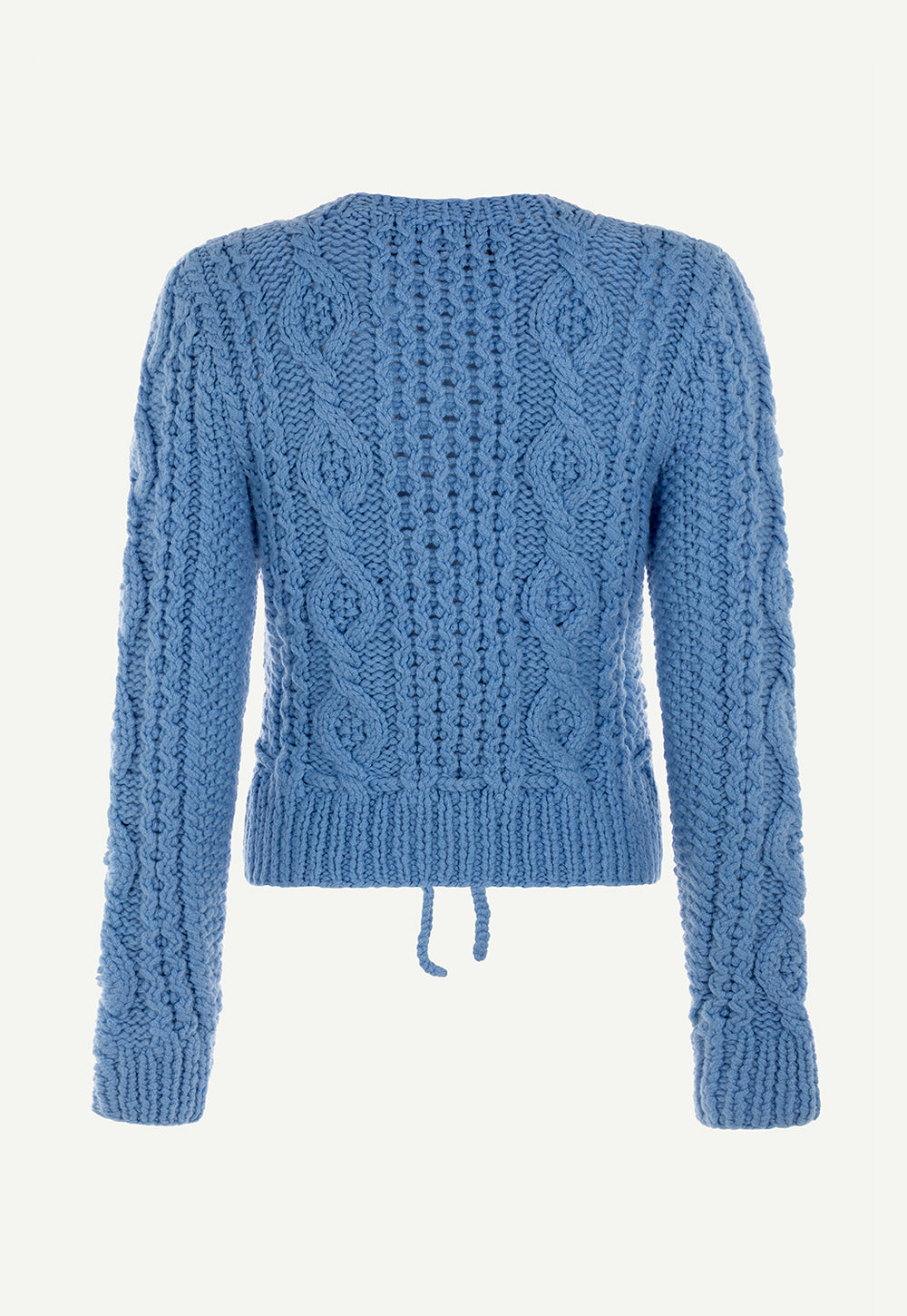 Back view of the Hanni hand-knitted cashmere cardigan in Blue with intricate cable knit and waist tie.